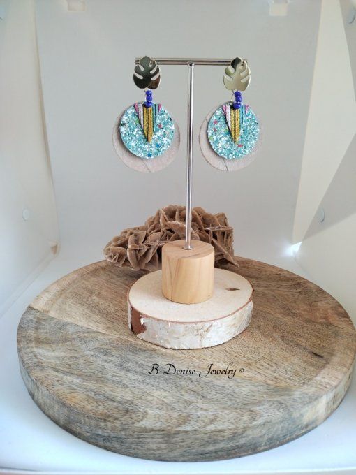 Original boucles Puce Feuille de Monstera plaque Or 18KT !!MONSTERA!! En Cuir du chevre et Acier 