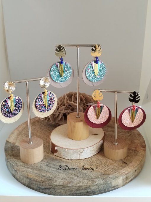 Original boucles Puce Feuille de Monstera plaque Or 18KT !!MONSTERA!! En Cuir du chevre et Acier 