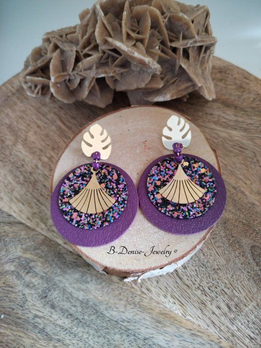 Original boucles Puce Feuille de Monstera plaque Or 18KT !!MONSTERA!! En Cuir du chevre et Acier 