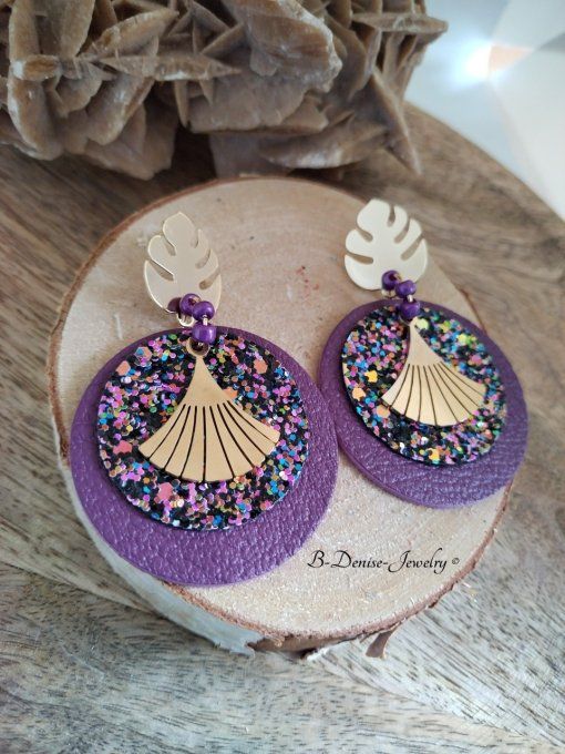 Original boucles Puce Feuille de Monstera plaque Or 18KT !!MONSTERA!! En Cuir du chevre et Acier 
