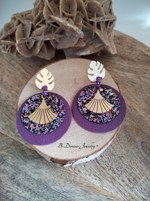 Original boucles Puce Feuille de Monstera plaque Or 18KT !!MONSTERA!! En Cuir du chevre et Acier 