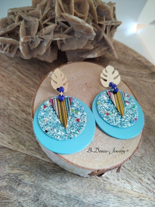 Original boucles Puce Feuille de Monstera plaque Or 18KT !!MONSTERA!! En Cuir du chevre et Acier 