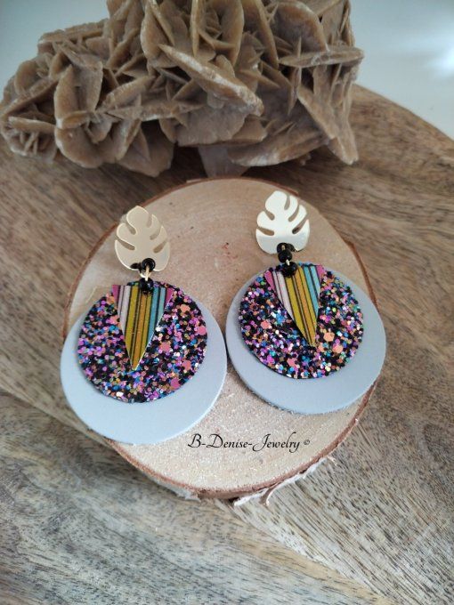 Original boucles Puce Feuille de Monstera plaque Or 18KT !!MONSTERA!! En Cuir du chevre et Acier 