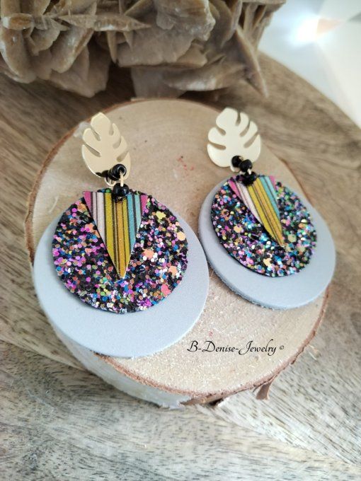 Original boucles Puce Feuille de Monstera plaque Or 18KT !!MONSTERA!! En Cuir du chevre et Acier 