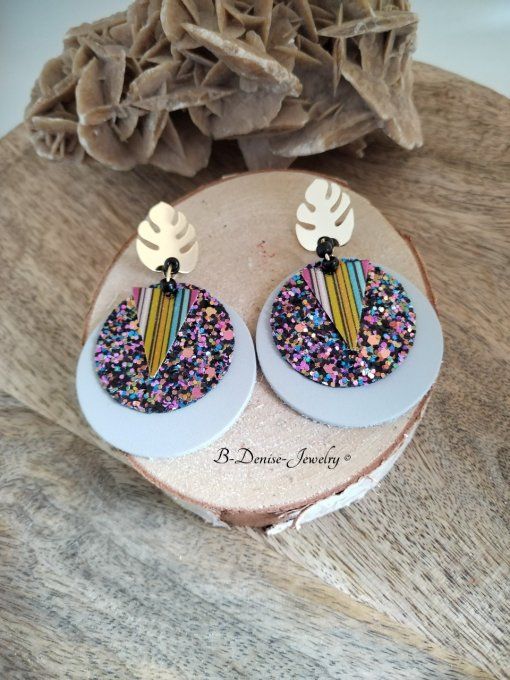 Original boucles Puce Feuille de Monstera plaque Or 18KT !!MONSTERA!! En Cuir du chevre et Acier 