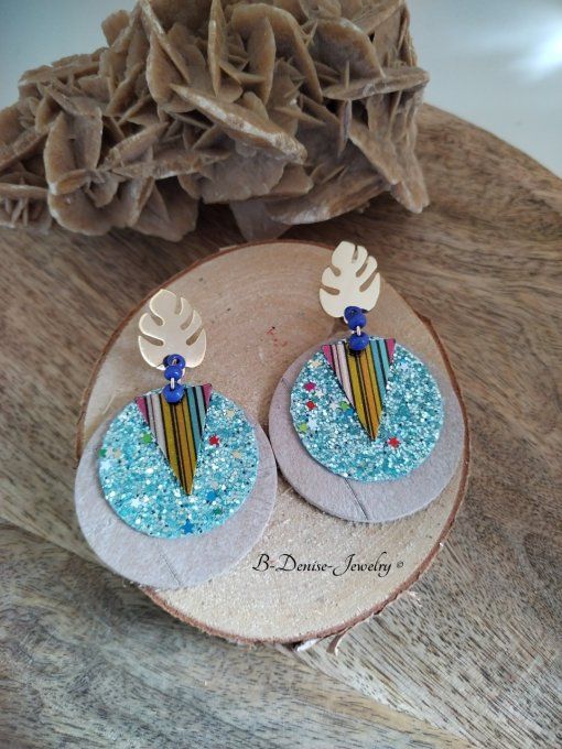 Original boucles Puce Feuille de Monstera plaque Or 18KT !!MONSTERA!! En Cuir du chevre et Acier 