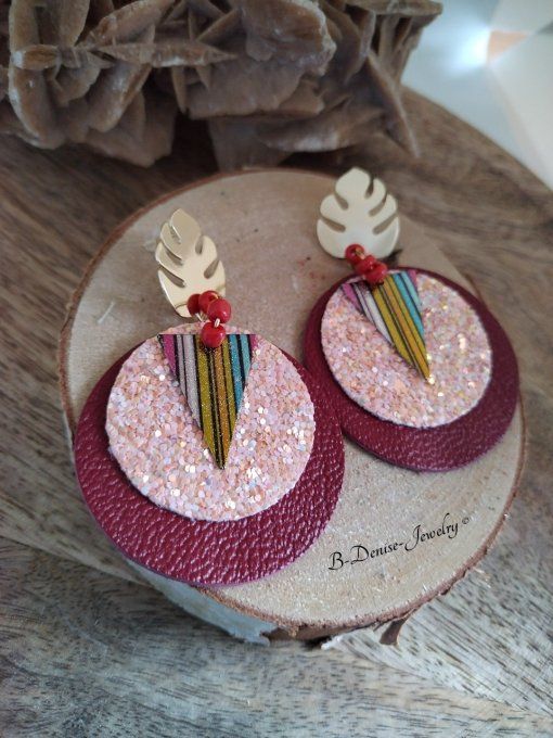 Original boucles Puce Feuille de Monstera plaque Or 18KT !!MONSTERA!! En Cuir du chevre et Acier 