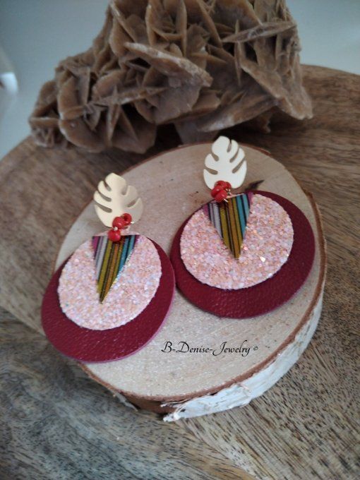 Original boucles Puce Feuille de Monstera plaque Or 18KT !!MONSTERA!! En Cuir du chevre et Acier 