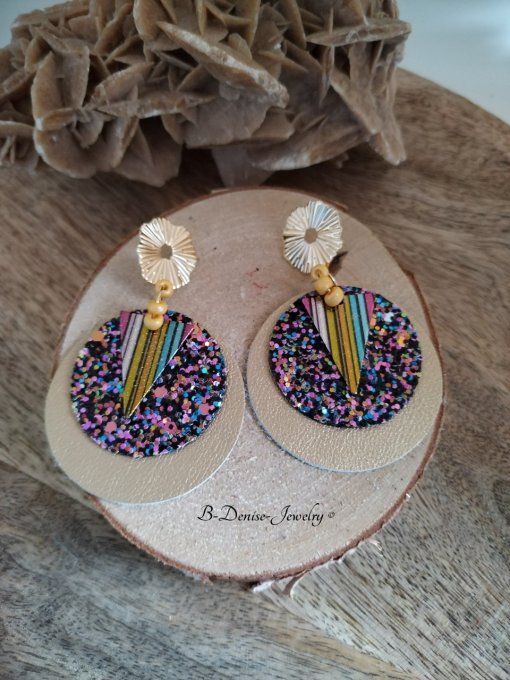 Original boucles Puce Forme Soleil Ondulé plaque Or 14KT En Cuir et Acier inoxydable Dore T:6cm x 4