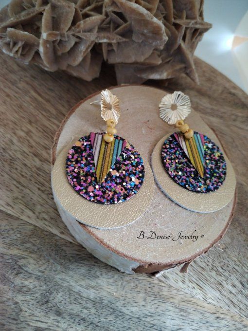 Original boucles Puce Forme Soleil Ondulé plaque Or 14KT En Cuir et Acier inoxydable Dore T:6cm x 4