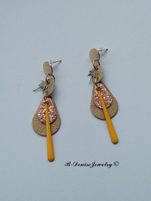 Original boucles d'oreilles Puce style martelé Cuivre Plaque Or 18KT !! TEARDROP !! En Cuir T6cm x 2