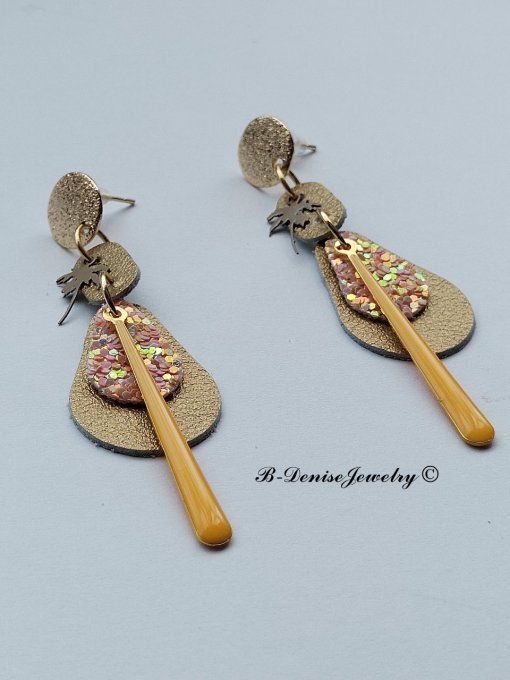 Original boucles d'oreilles Puce style martelé Cuivre Plaque Or 18KT !! TEARDROP !! En Cuir T6cm x 2