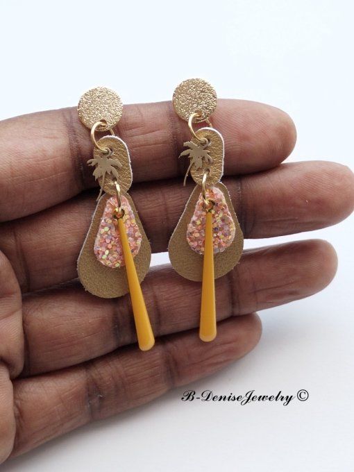 Original boucles d'oreilles Puce style martelé Cuivre Plaque Or 18KT !! TEARDROP !! En Cuir T6cm x 2
