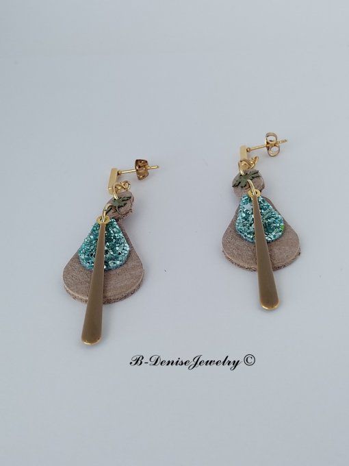 Original boucles d'oreilles Puce en Acier Inoxydable rectangle !! TEARDROP !! En Cuir T6cm x 2cm B-D