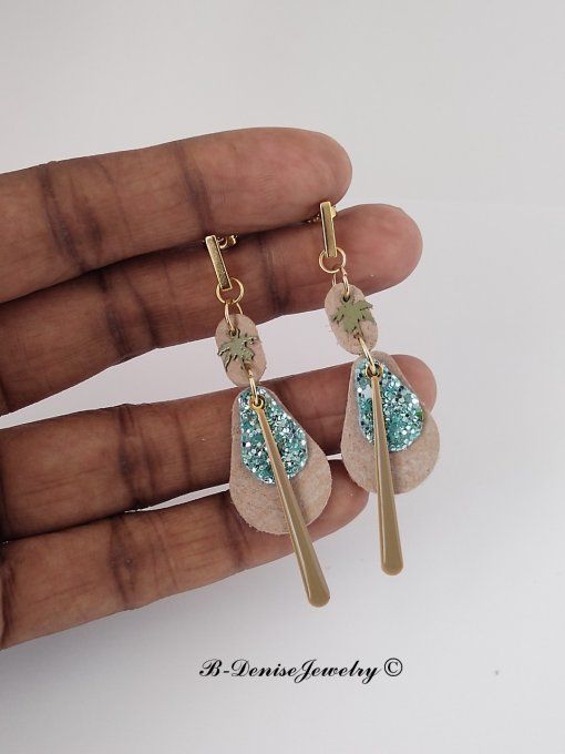Original boucles d'oreilles Puce en Acier Inoxydable rectangle !! TEARDROP !! En Cuir T6cm x 2cm B-D