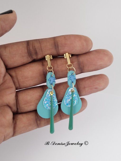 Original boucles d'oreilles Puce en Acier Inoxydable rectangle !! TEARDROP !! En Cuir T6cm x 2cm B-D
