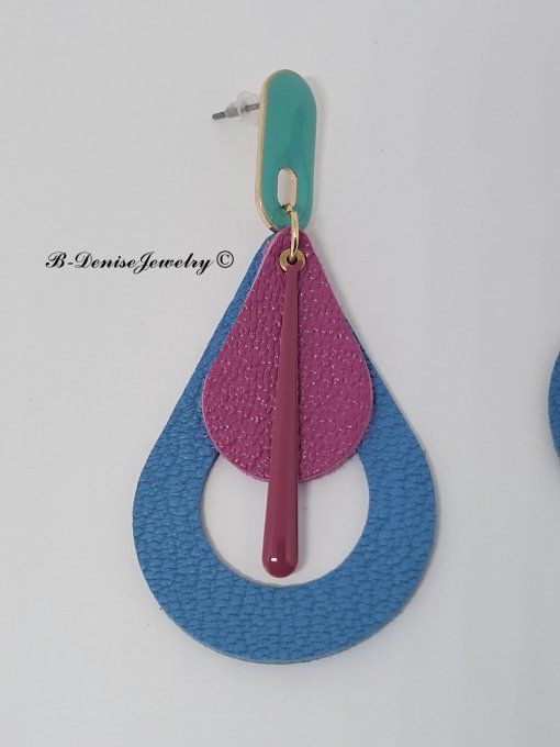 Original boucles Puce oval en résine !! TEARDROPS !! en cuir Bleu Rose T:6.5cm x 3.5cm so chic 