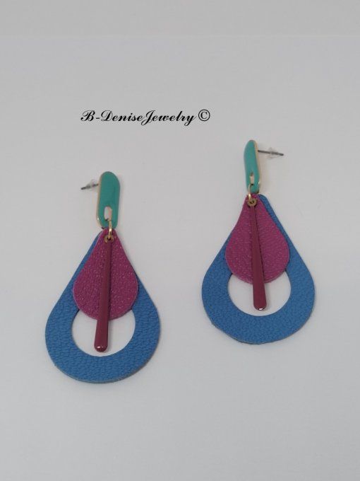 Original boucles Puce oval en résine !! TEARDROPS !! en cuir Bleu Rose T:6.5cm x 3.5cm so chic 
