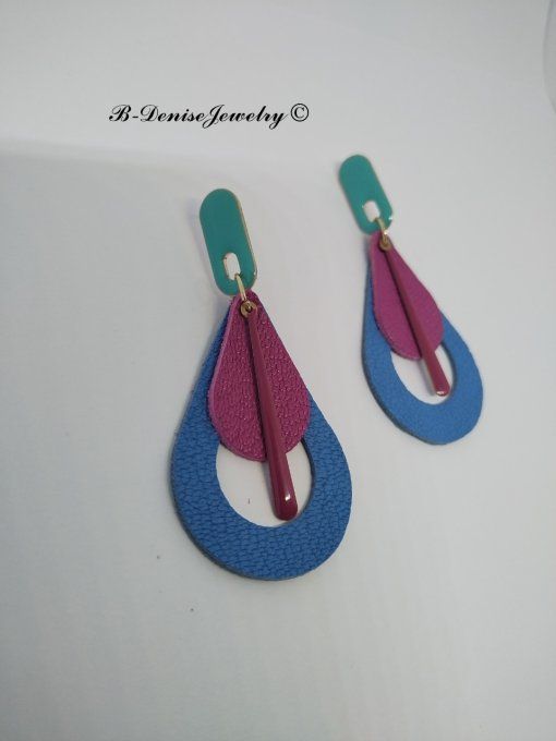 Original boucles Puce oval en résine !! TEARDROPS !! en cuir Bleu Rose T:6.5cm x 3.5cm so chic 