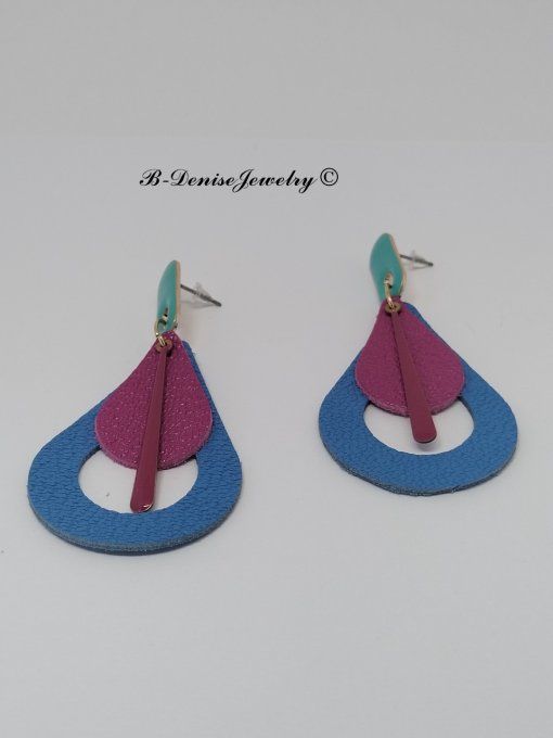 Original boucles Puce oval en résine !! TEARDROPS !! en cuir Bleu Rose T:6.5cm x 3.5cm so chic 
