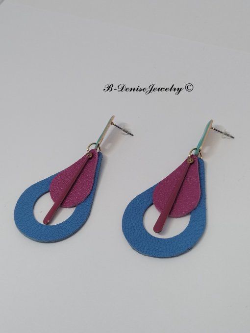 Original boucles Puce oval en résine !! TEARDROPS !! en cuir Bleu Rose T:6.5cm x 3.5cm so chic 