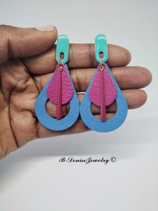 Original boucles Puce oval en résine !! TEARDROPS !! en cuir Bleu Rose T:6.5cm x 3.5cm so chic 