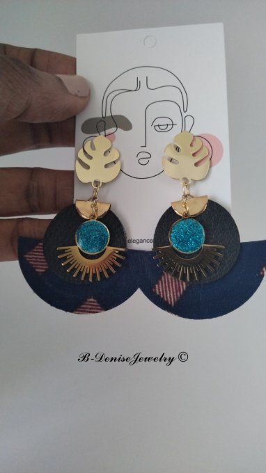 Original boucles Puce Monstera Plaque Or 18KT !!MOONLIGHT SUN!! En Cuir Resine tissu wax T:5cm x 6cm