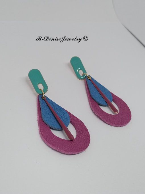 Original boucles Puce oval en résine !! TEARDROPS !! en cuir Rose Bleu jaune T:6.5cm x 3.5cm  