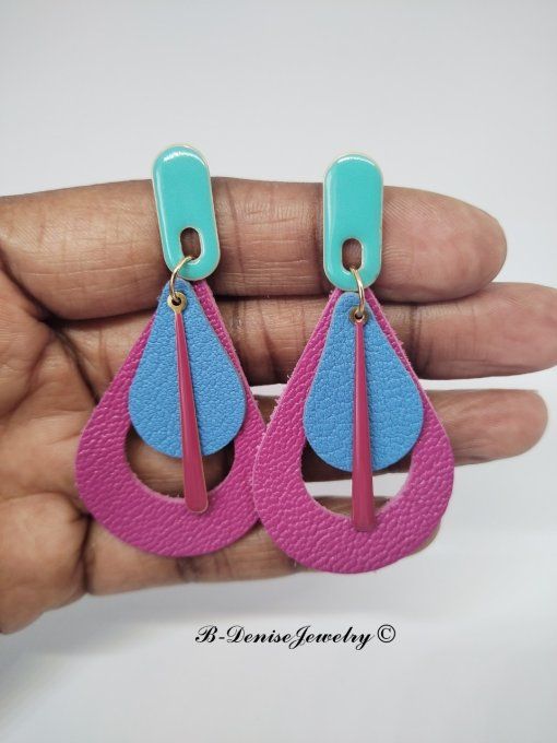 Original boucles Puce oval en résine !! TEARDROPS !! en cuir Rose Bleu jaune T:6.5cm x 3.5cm  