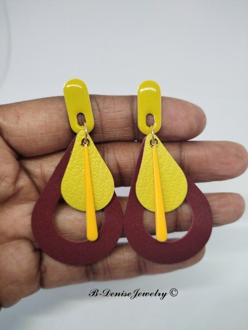 Original boucles Puce oval en résine !! TEARDROPS !! en cuir jaune marron T:6.5cm x 3.5cm