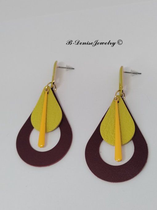 Original boucles Puce oval en résine !! TEARDROPS !! en cuir jaune marron T:6.5cm x 3.5cm