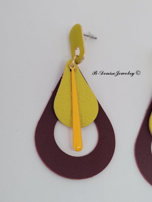 Original boucles Puce oval en résine !! TEARDROPS !! en cuir jaune marron T:6.5cm x 3.5cm