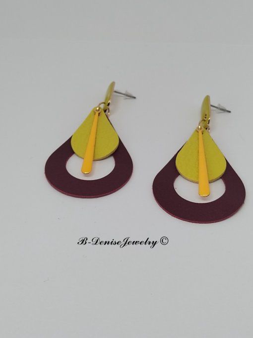 Original boucles Puce oval en résine !! TEARDROPS !! en cuir jaune marron T:6.5cm x 3.5cm