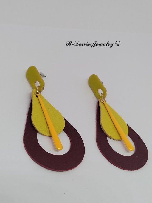 Original boucles Puce oval en résine !! TEARDROPS !! en cuir jaune marron T:6.5cm x 3.5cm