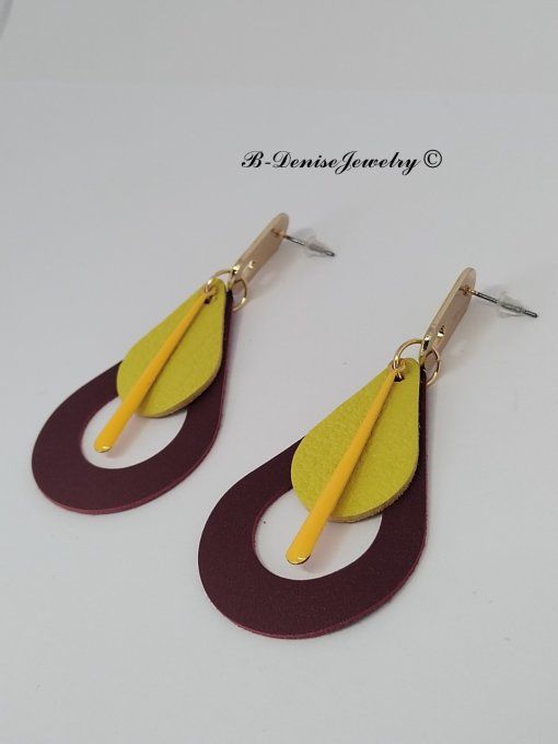 Original boucles Puce oval en résine !! TEARDROPS !! en cuir jaune marron T:6.5cm x 3.5cm