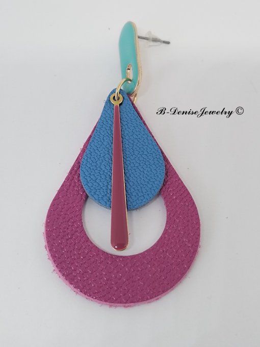 Original boucles Puce oval en résine !! TEARDROPS !! en cuir Rose Bleu jaune T:6.5cm x 3.5cm  