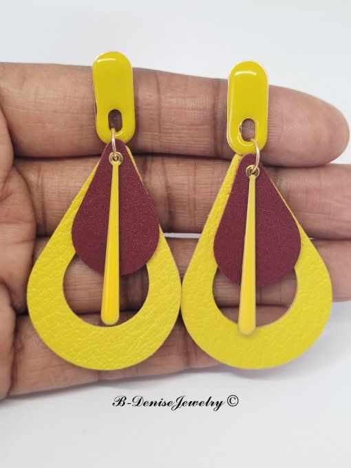 Original boucles Puce oval en résine !! TEARDROPS !! en cuir Marron jaune T:6.5cm x 3.5cm  