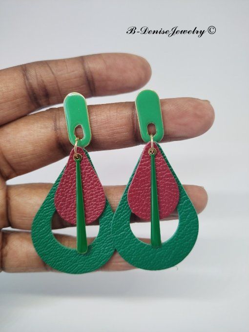 Original boucles Puce oval en résine !! TEARDROPS !! en cuir Rouge Vert T:6.5cm x 3.5cm so chic