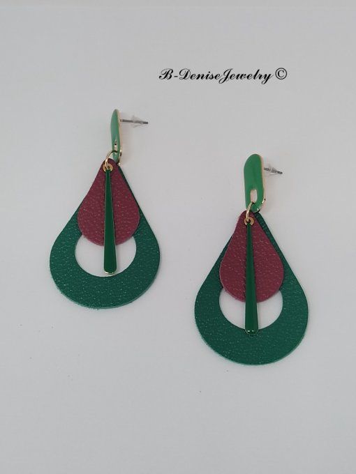 Original boucles Puce oval en résine !! TEARDROPS !! en cuir Rouge Vert T:6.5cm x 3.5cm so chic