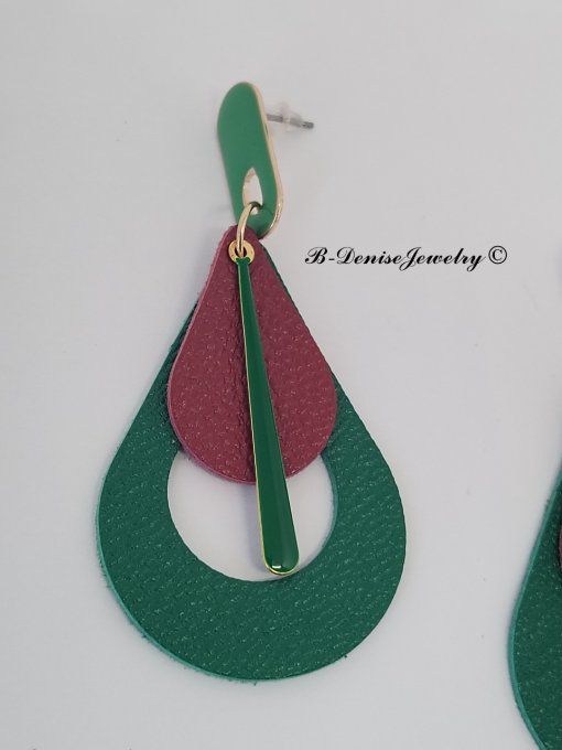Original boucles Puce oval en résine !! TEARDROPS !! en cuir Rouge Vert T:6.5cm x 3.5cm so chic
