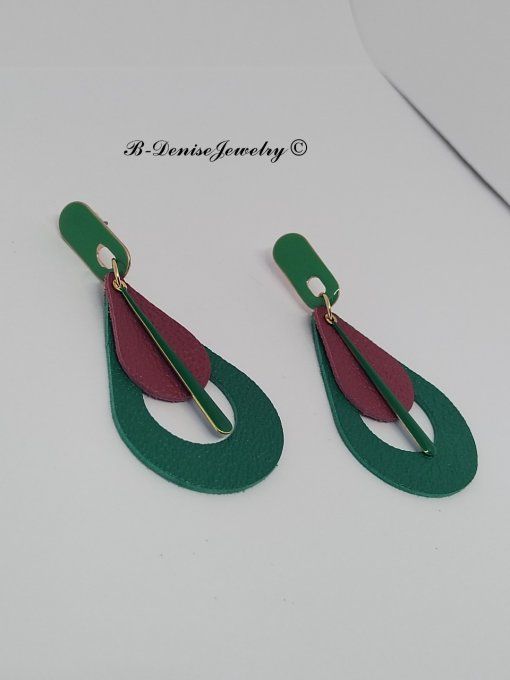 Original boucles Puce oval en résine !! TEARDROPS !! en cuir Rouge Vert T:6.5cm x 3.5cm so chic
