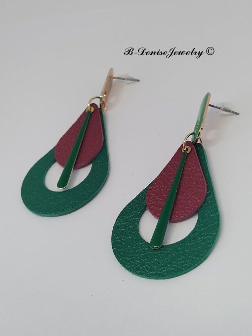 Original boucles Puce oval en résine !! TEARDROPS !! en cuir Rouge Vert T:6.5cm x 3.5cm so chic
