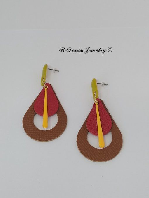Original boucles Puce oval en résine !! TEARDROPS !! en cuir Marron rouge jaune T:6.5cm x 3.5cm 