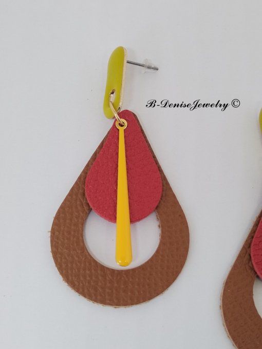 Original boucles Puce oval en résine !! TEARDROPS !! en cuir Marron rouge jaune T:6.5cm x 3.5cm 