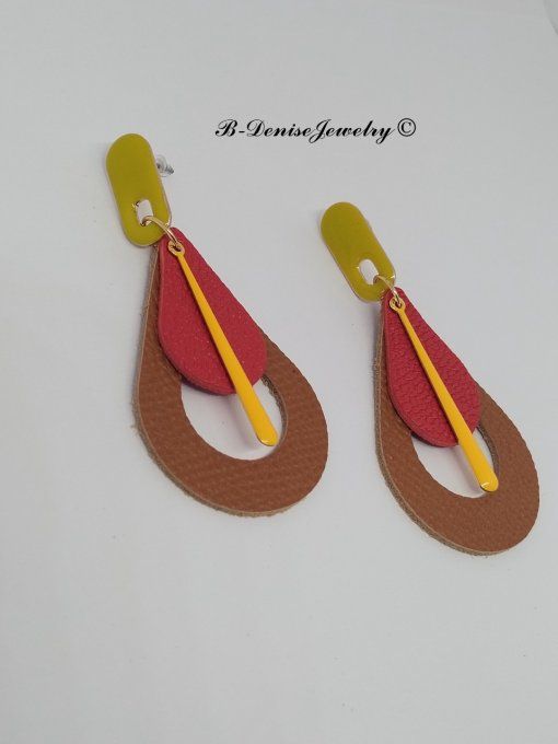 Original boucles Puce oval en résine !! TEARDROPS !! en cuir Marron rouge jaune T:6.5cm x 3.5cm 