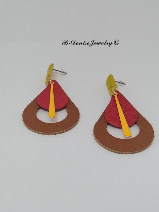 Original boucles Puce oval en résine !! TEARDROPS !! en cuir Marron rouge jaune T:6.5cm x 3.5cm 
