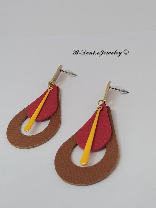 Original boucles Puce oval en résine !! TEARDROPS !! en cuir Marron rouge jaune T:6.5cm x 3.5cm 