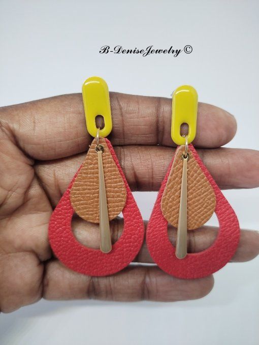 Original boucles Puce oval en résine !! TEARDROPS !! en cuir Rouge marron jaune T:6.5cm x 3.5cm 