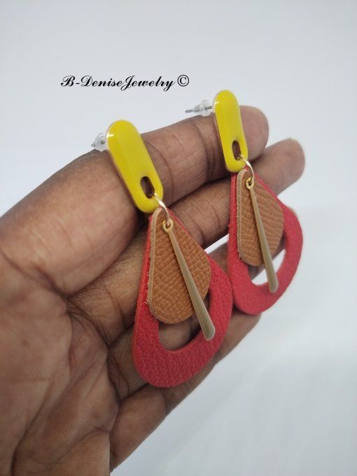 Original boucles Puce oval en résine !! TEARDROPS !! en cuir Rouge marron jaune T:6.5cm x 3.5cm 