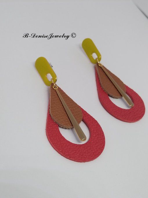 Original boucles Puce oval en résine !! TEARDROPS !! en cuir Rouge marron jaune T:6.5cm x 3.5cm 